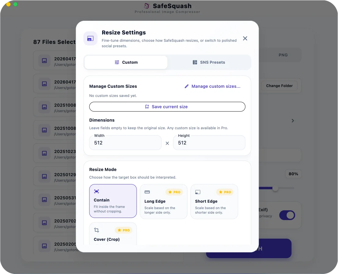SafeSquash resize settings screen