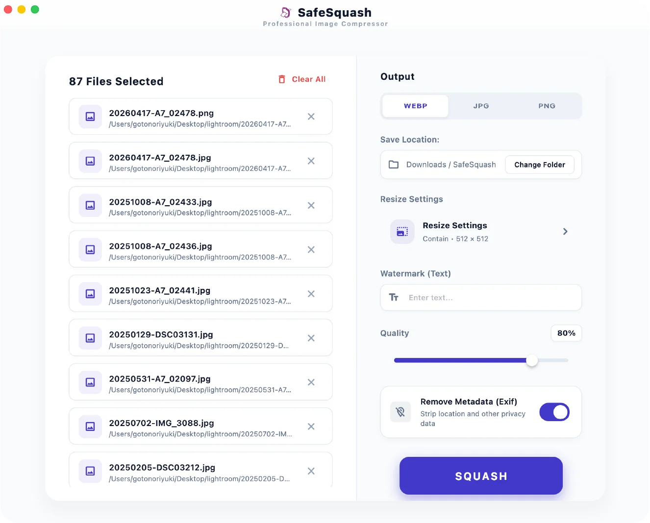 SafeSquash WebP conversion settings screen
