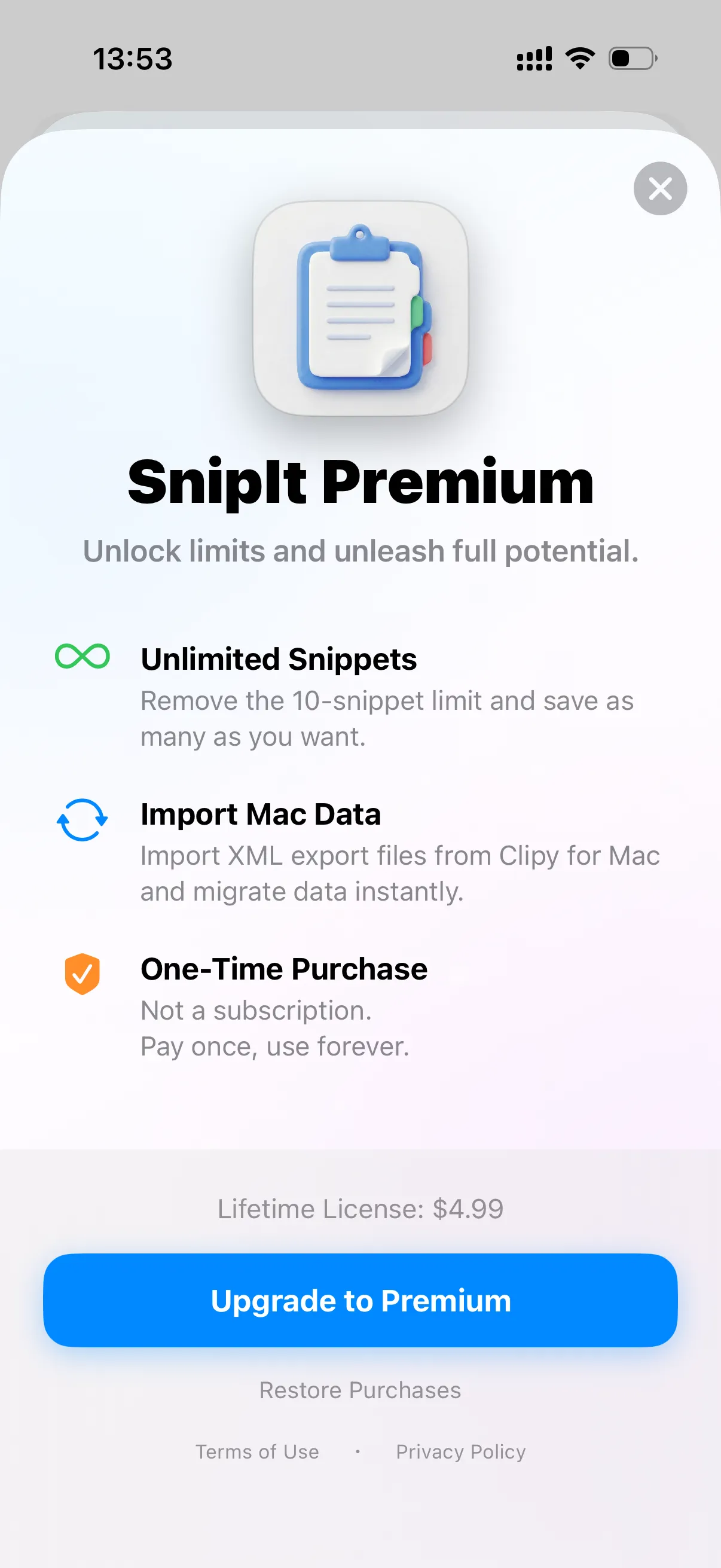 SnipIt iPhone screen for importing existing snippet data