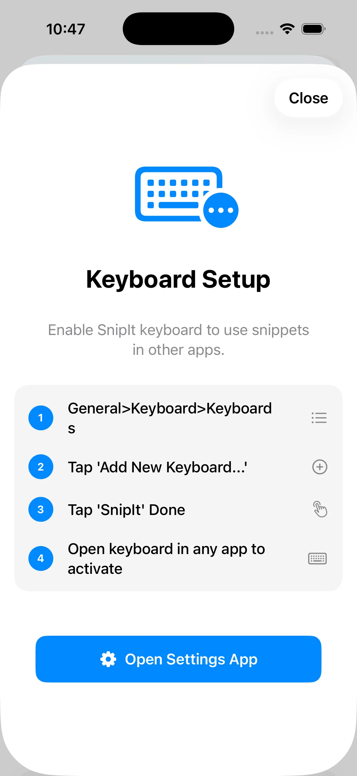 iPhone Settings screen for adding the SnipIt keyboard