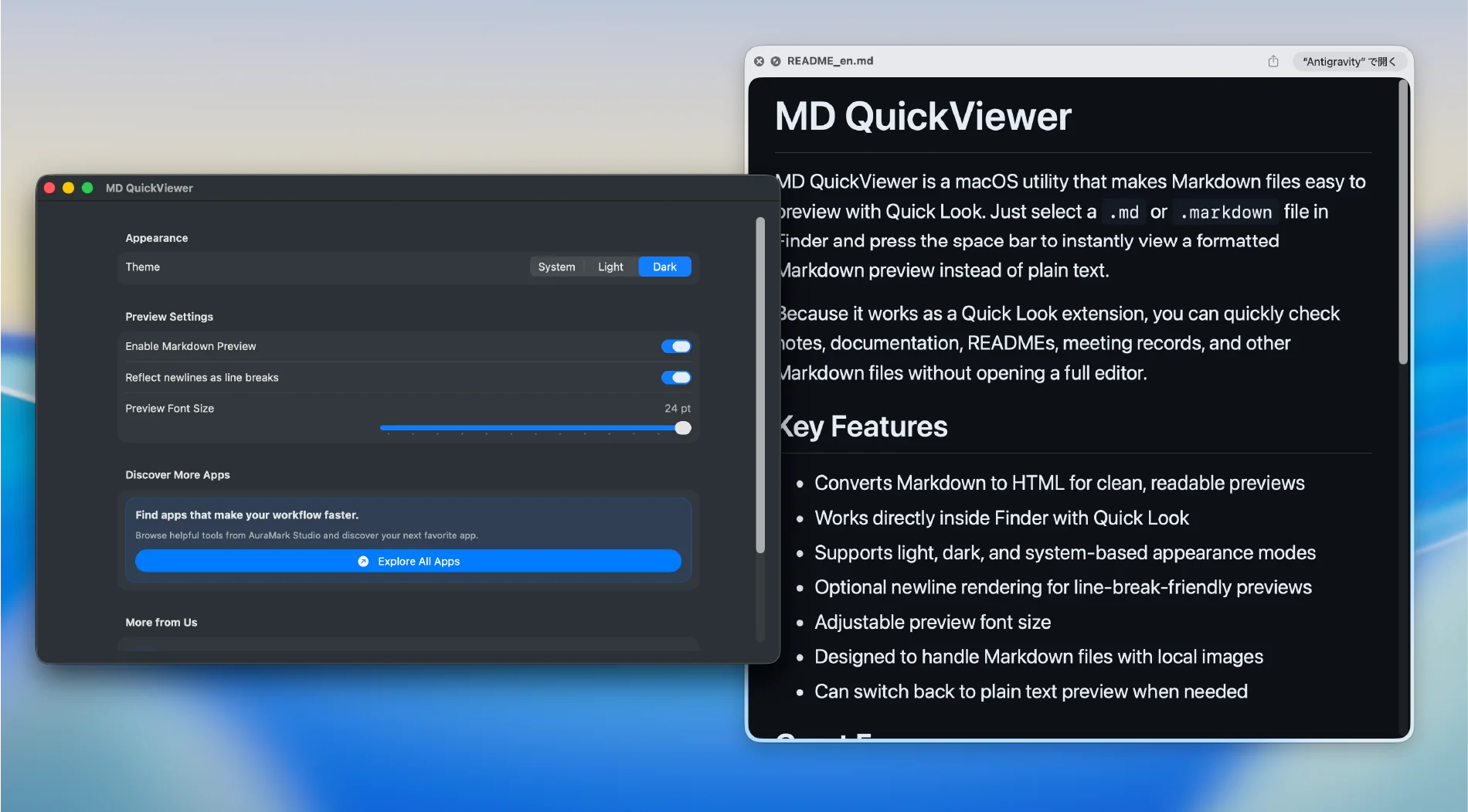 MD QuickViewの設定画面